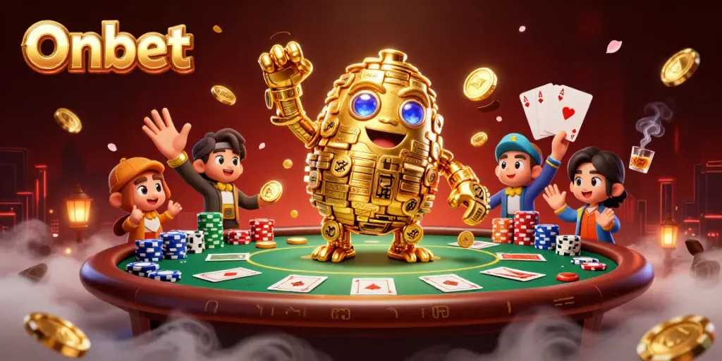 Engaging Onbet casino illustration showcasing a golden golem, poker elements, and vibrant casino atmosphere.