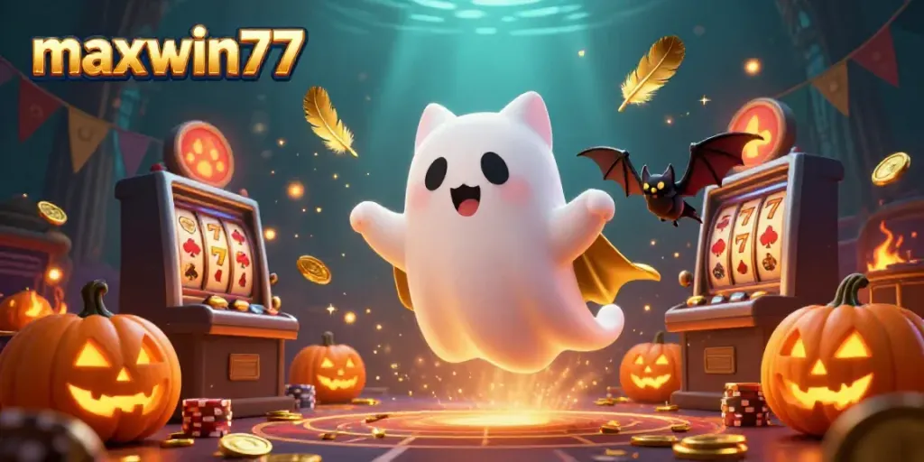 Experience thrilling chances with maxwin77's ghostly cat in a vibrant casino scene.