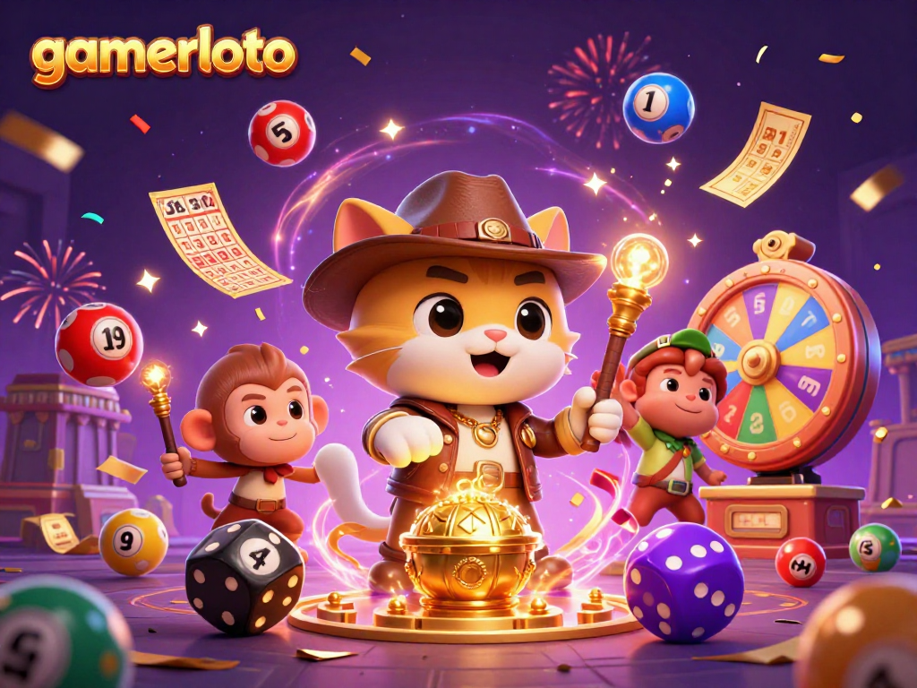 Experience excitement at gamerloto with cat explorer discovering casino treasure amidst dynamic lottery elements.