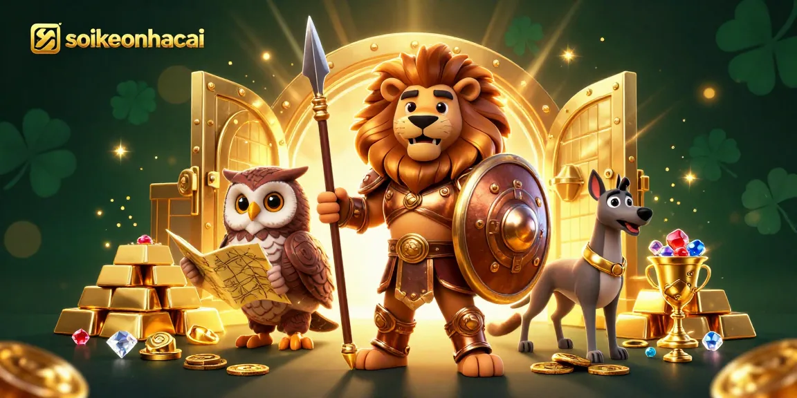 Spark the excitement at soikeonhacai with a dynamic casino illustration featuring a Spartan lion and treasure vault.