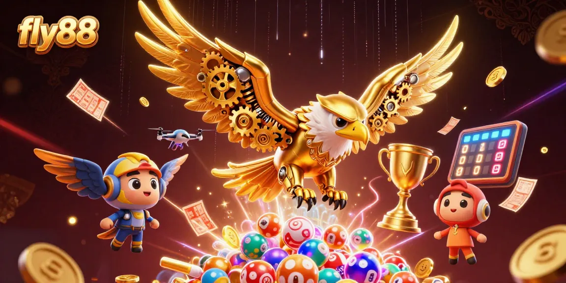 Engage with the thrill of fly88 lottery games and prizes in this dynamic 3D illustration.