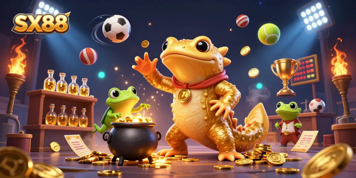 SX88 alchemist transforms metals into gold coins while sports elements fly around in this vibrant casino scene.