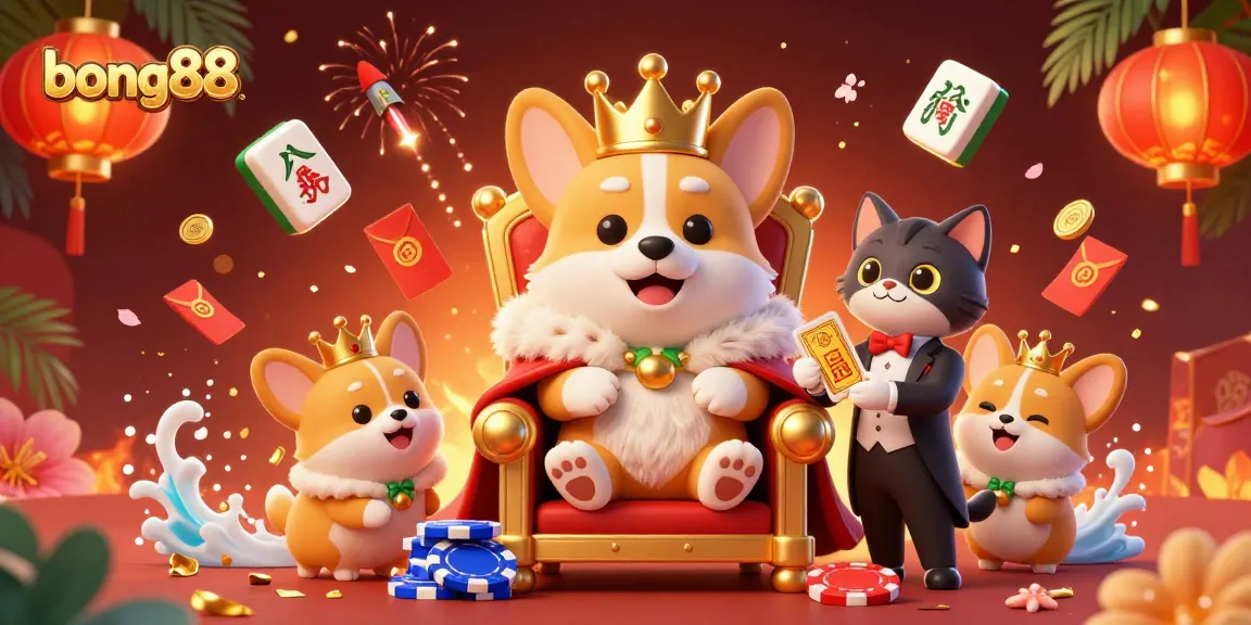 Bong88 offers a vibrant casino scene featuring a royal corgi on a throne, highlighting poker-themed elements.