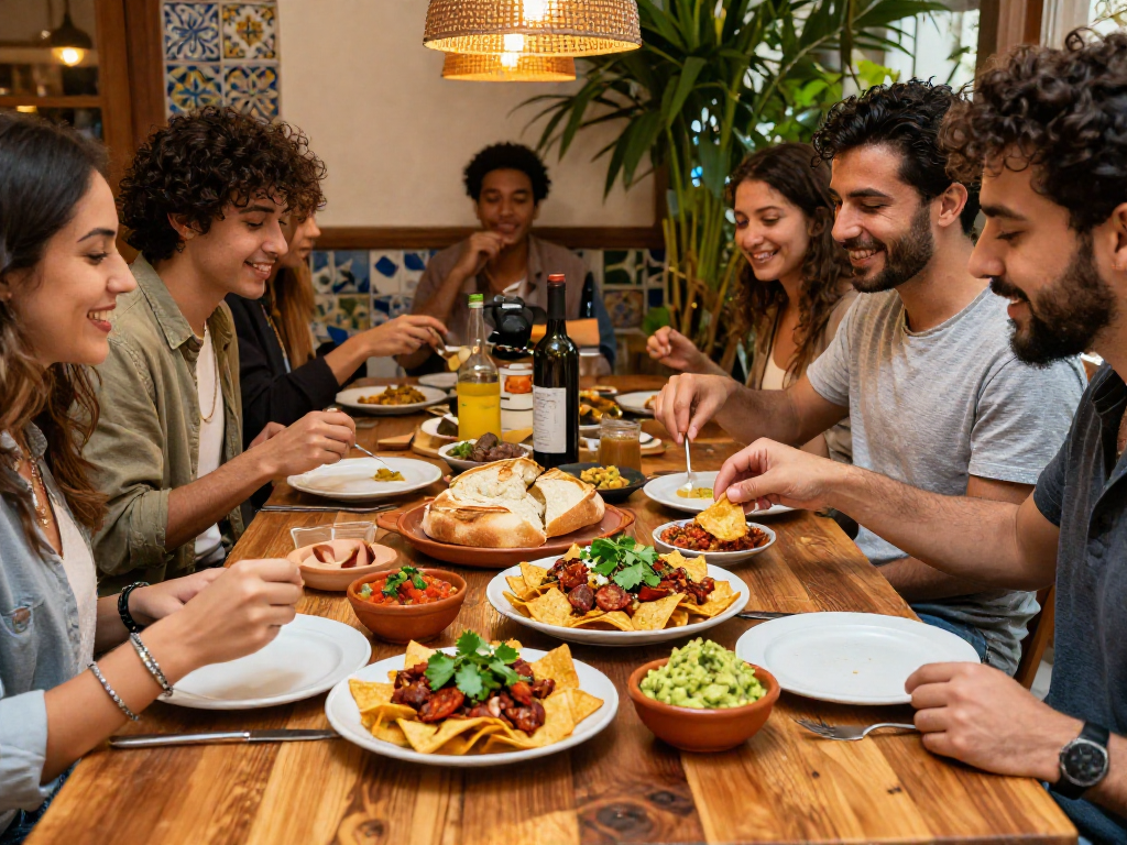Delicious best tapas tortilla chips con chorizo shared among friends at a vibrant restaurant, highlighting fresh ingredients and joyful atmosphere.