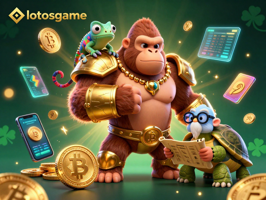 Join the excitement of lotosgame with a dynamic 3D illustration featuring casino-themed characters and vibrant crypto elements.