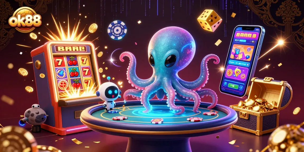 Engage with the futuristic world of gaming at ok88, featuring an alien octopus operating a holographic poker table.