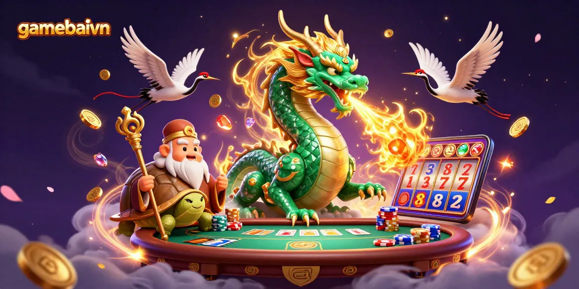 Experience poker excitement with gamebaivn's dynamic casino scene featuring lucky symbols and vibrant characters.