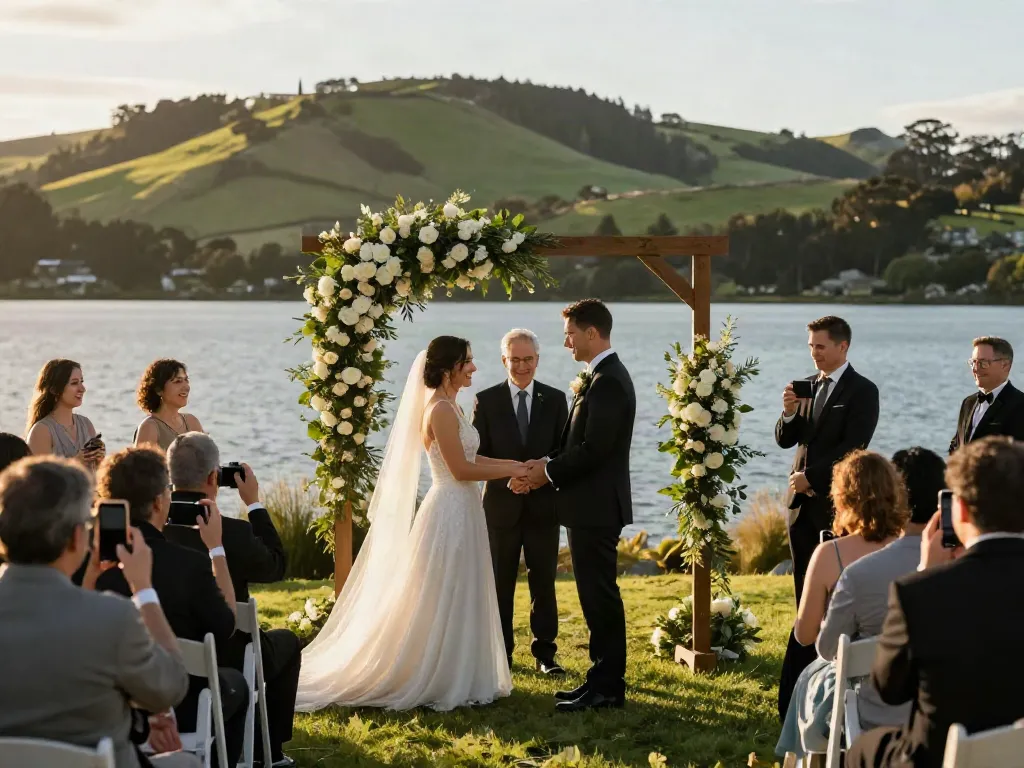 Documentary wedding photographer in Dunedin captures a couple's heartfelt vow exchange under a floral arch.