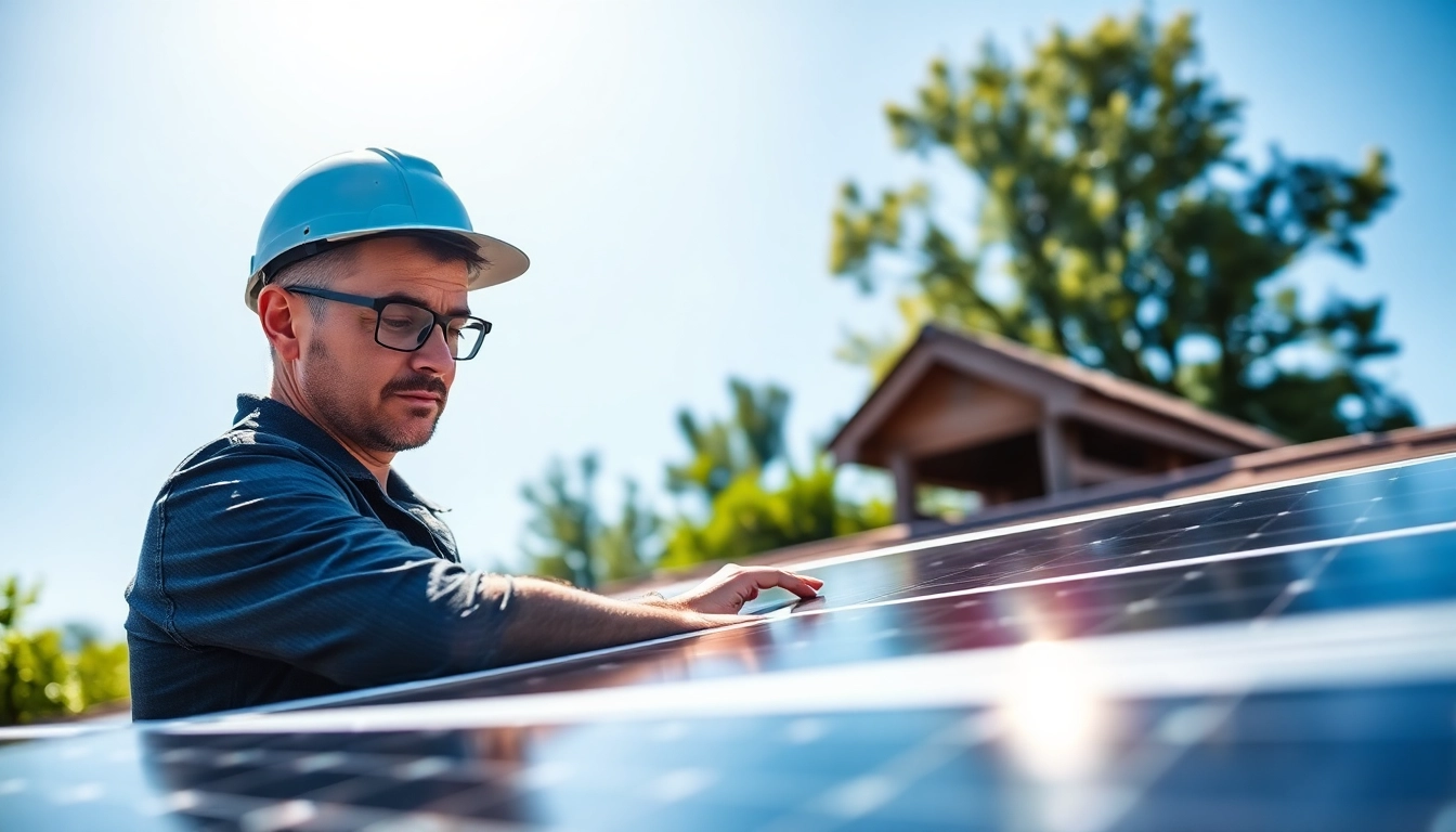 Technician performing solar panel repair near me on a sunny rooftop in a residential area.