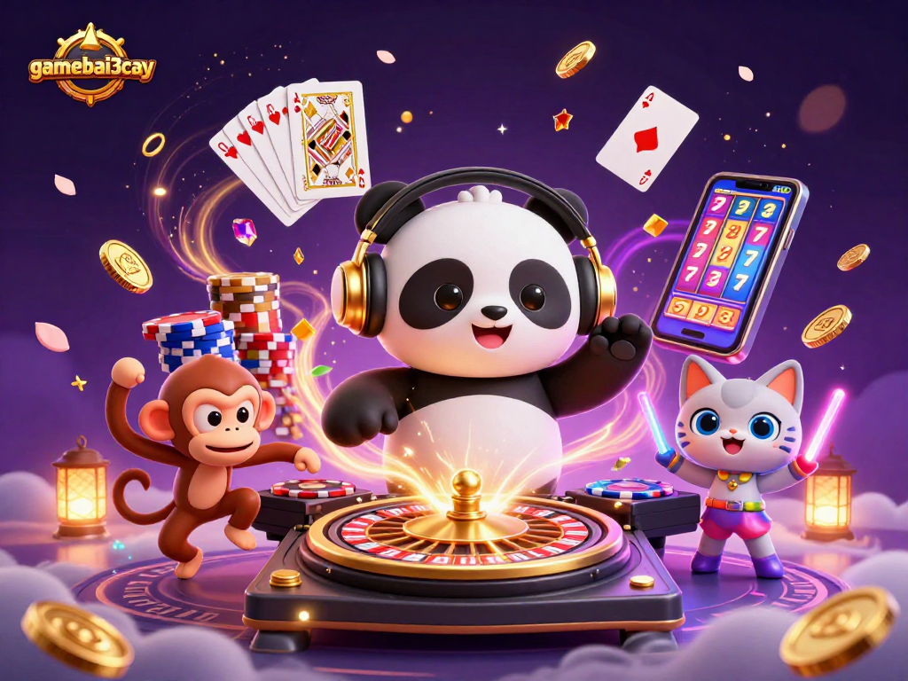 Experience the thrill at gamebai3cay with a 3D DJ panda, breakdancing monkey, and vibrant casino atmosphere.