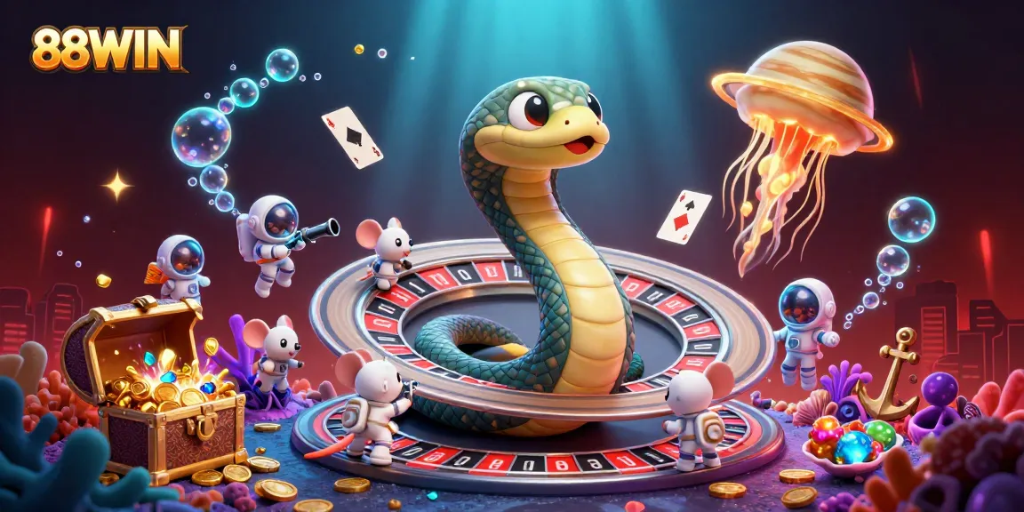 88WIN brings excitement with a 3D scene of cartoon characters and casino elements, showcasing colorful bet placements.