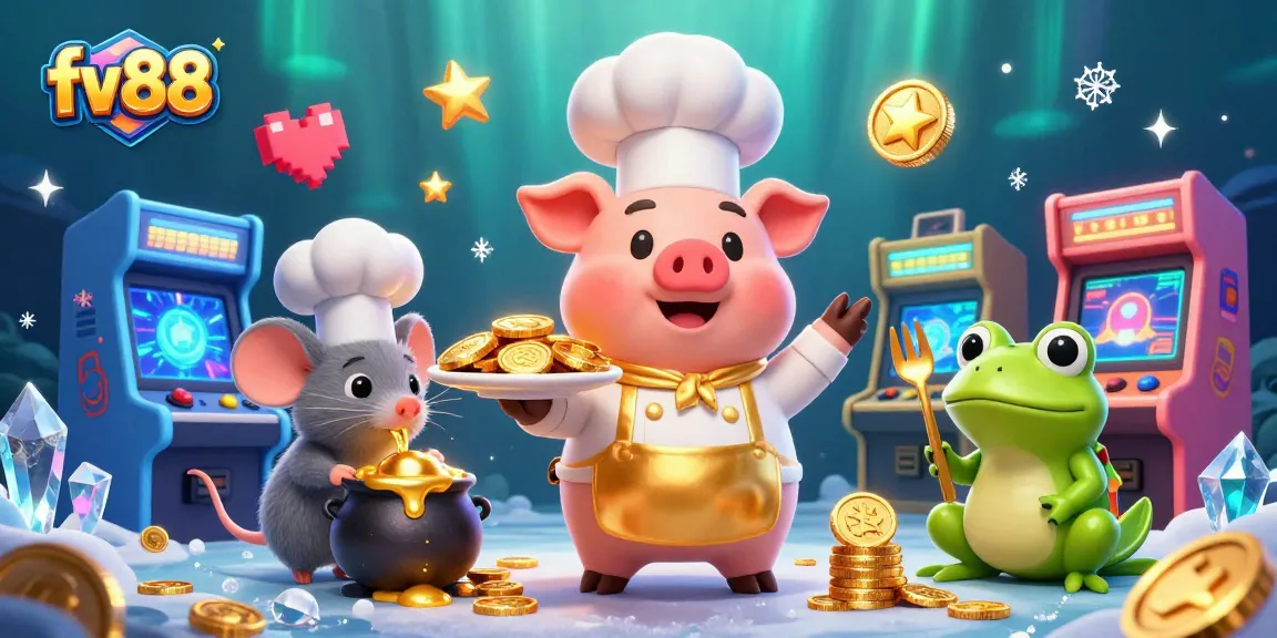 Experience the thrill of fv88 with a unique scene featuring cartoon characters celebrating gold coins in an exciting casino