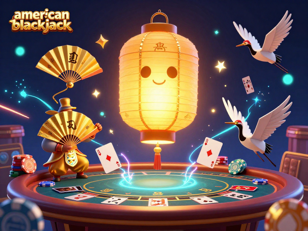 Engage with thrilling american-blackjack gameplay as a giant golden lantern spirit oversees an enchanting casino scene.