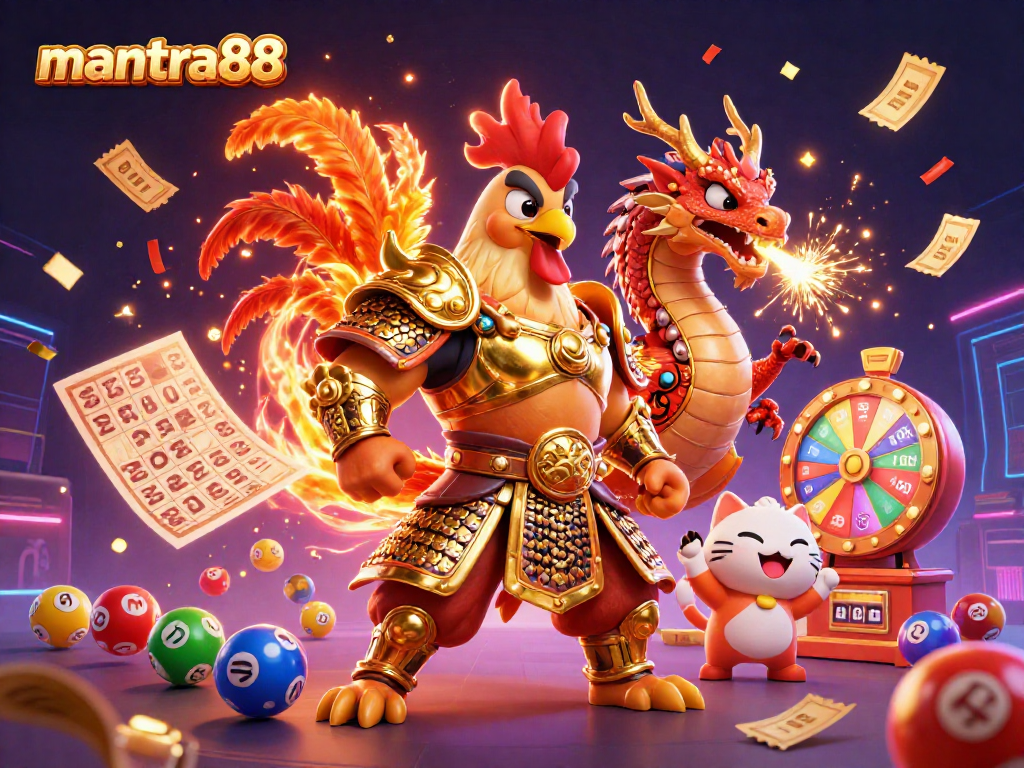 Experience thrilling wins with mantra88's vibrant gaming scene featuring a warrior rooster and dragon.