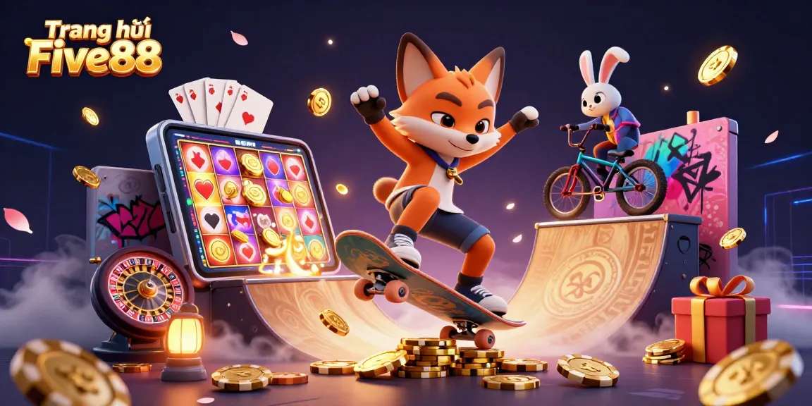 Engage with thrilling games on Trang chủ Five88 with a vibrant illustration of a skateboarder fox and BMX rabbit.