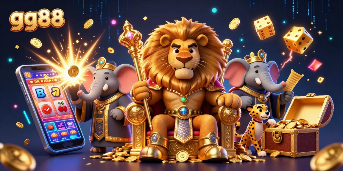 Experience thrilling gameplay at gg88 with a lion king surrounded by vibrant casino elements.