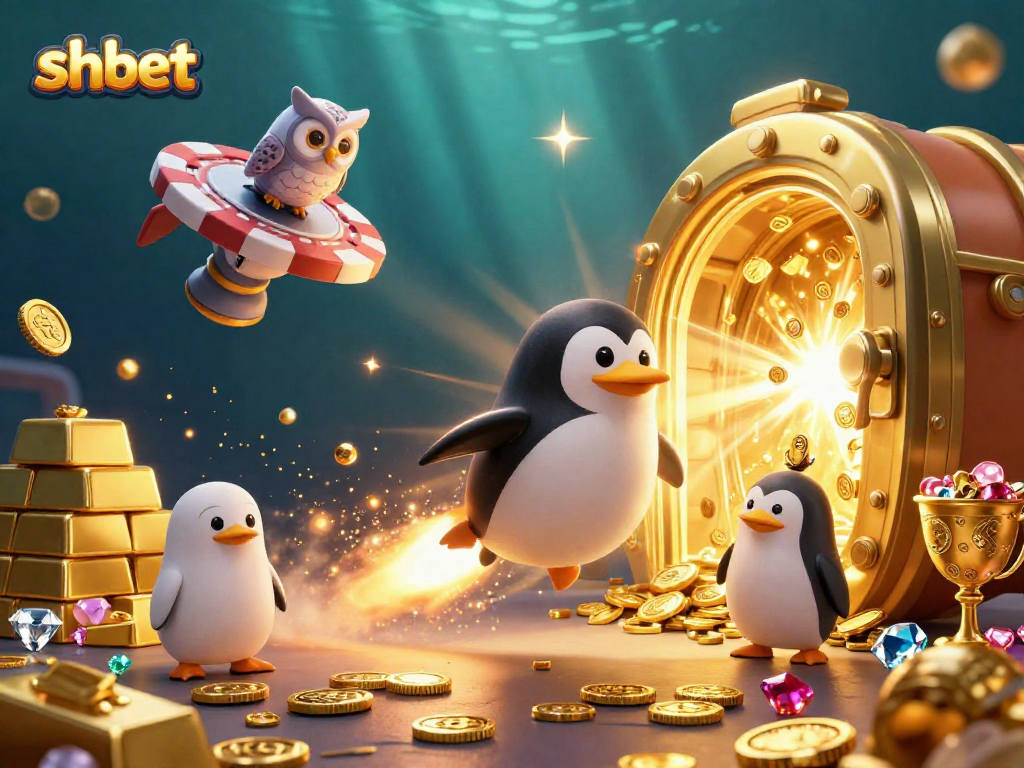 Experience the thrill of shbet with an exciting 3D illustration of a golden penguin heading to a casino.