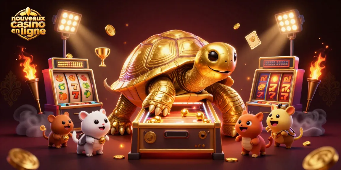 Jouez aux nouveaux casinos en ligne avec une machine à sous tortue géante et des éléments dorés.