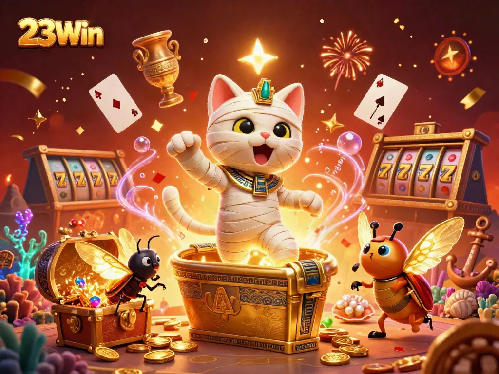 Experience thrilling casino action at 23Win with vibrant 3D mummy cat and dynamic gambling elements.
