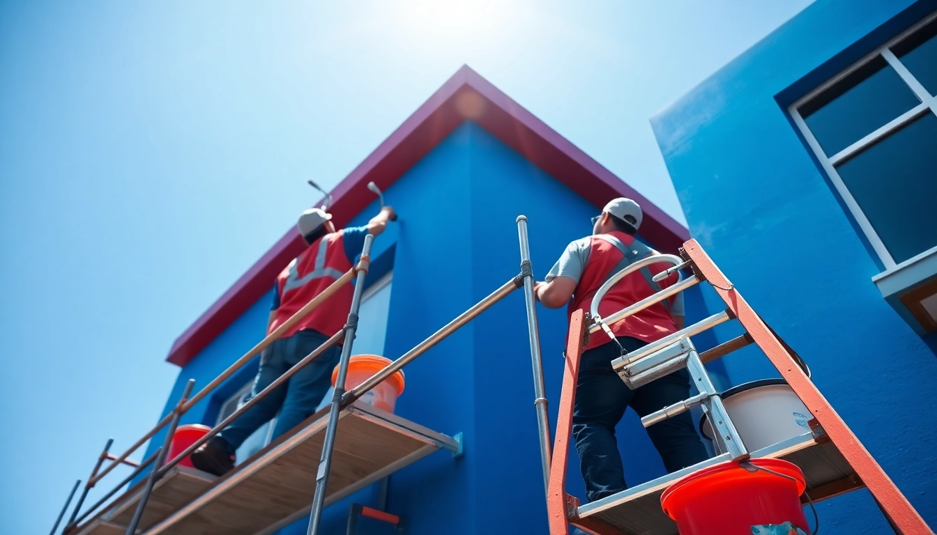 Commercial paint services showcasing professional painters at work on a building facade, ensuring high-quality results.