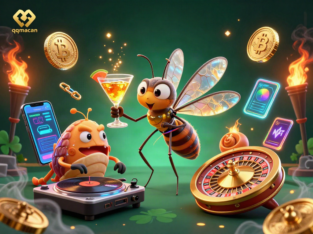 Engage in thrilling moments with qqmacan at this vibrant casino scene featuring exciting characters and crypto elements.