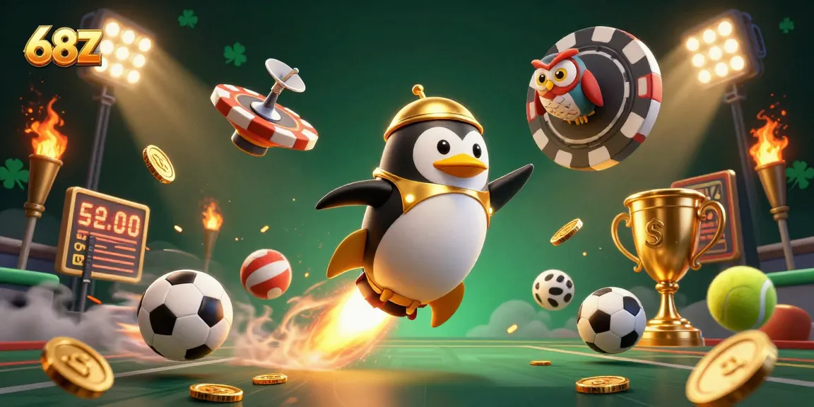 Atraia a sorte com 68Z enquanto o pinguim dourado e os elementos de cassino brilham em uma cena vibrante.