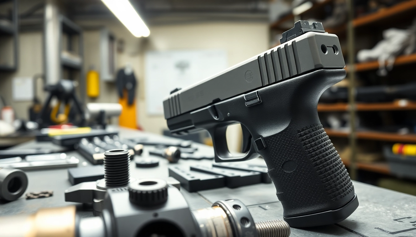 Showcase a Glock 43 slide mos with precision details in a machining workshop.