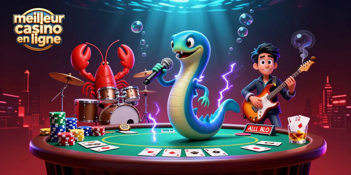 Illustration vibrante d'une anguille électrique DJ au meilleur casino en ligne, entourée de détails de jeu