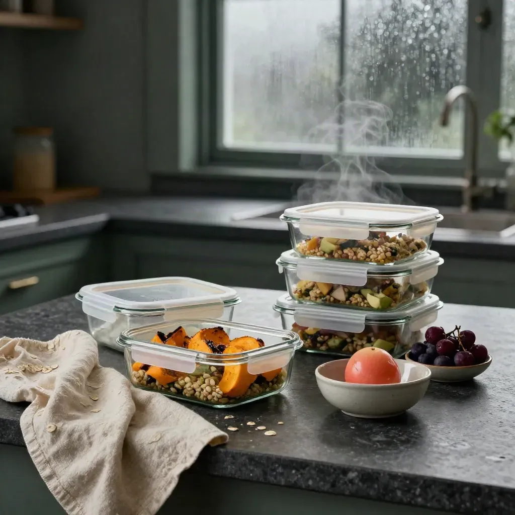 Glass meal-prep containers, timer, berry bowl and linen runner on a dark stone island in rainlit haze.