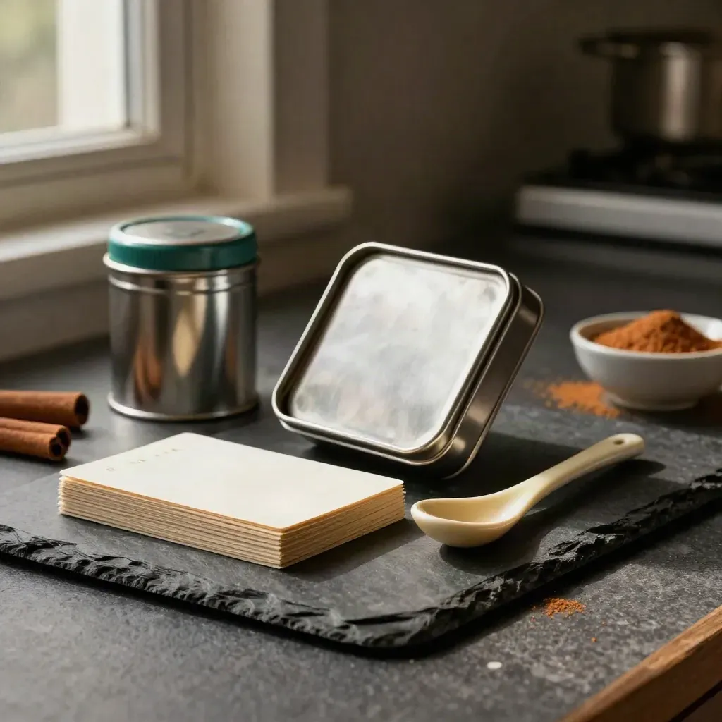 Open spice tin, closed recipe cards and a ceramic spoon on dark stone in moody kitchen light.