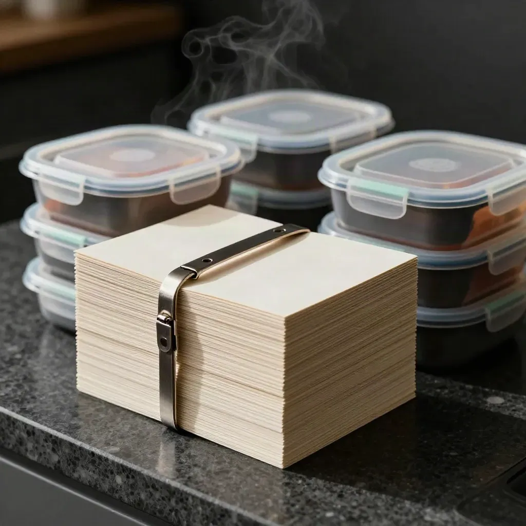 Top-down still life of habit cards, kitchen timer, and meal containers on a dark counter.
