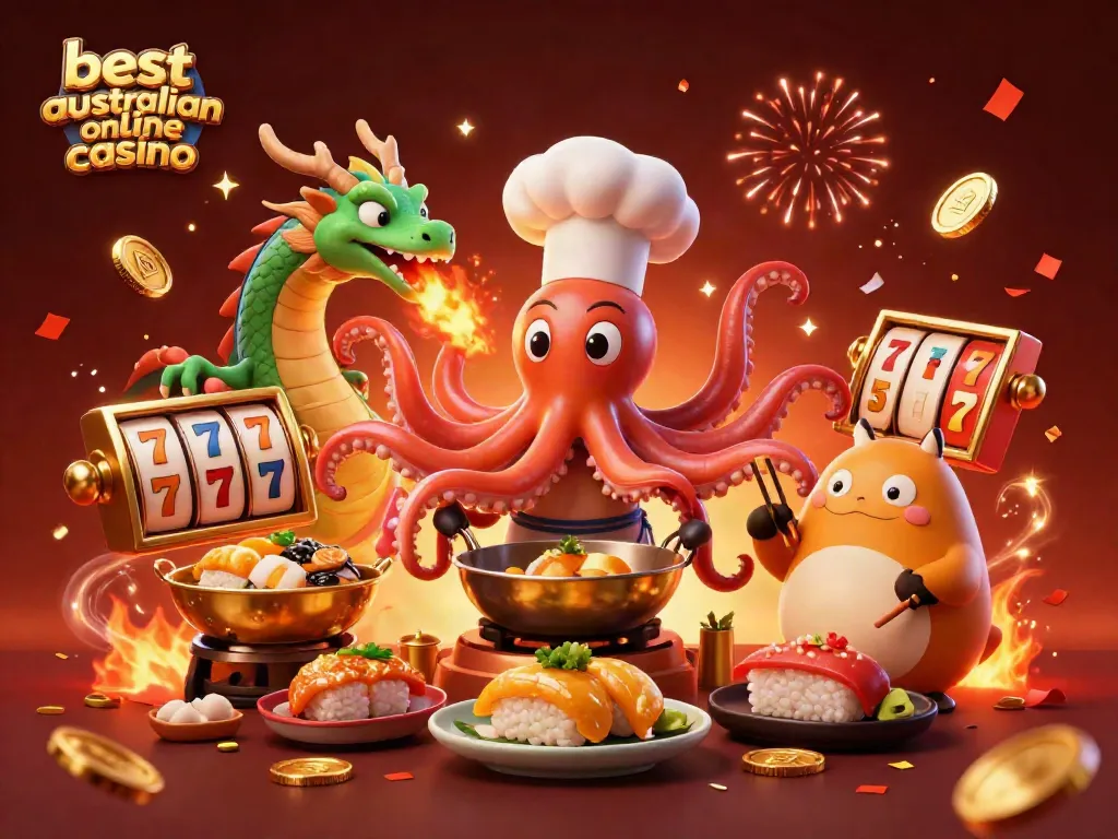 Engaging illustration of the best Australian online casino featuring characters and slot reels.