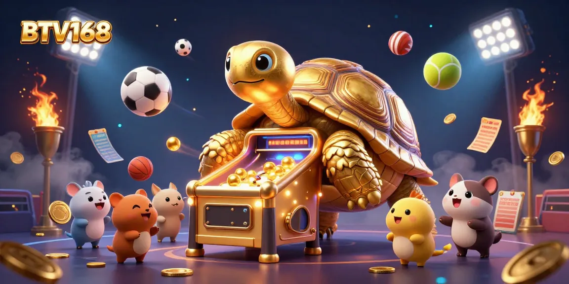 BTV168 sports betting illustration featuring a giant tortoise pinball machine with excited animals and dynamic sports elements.