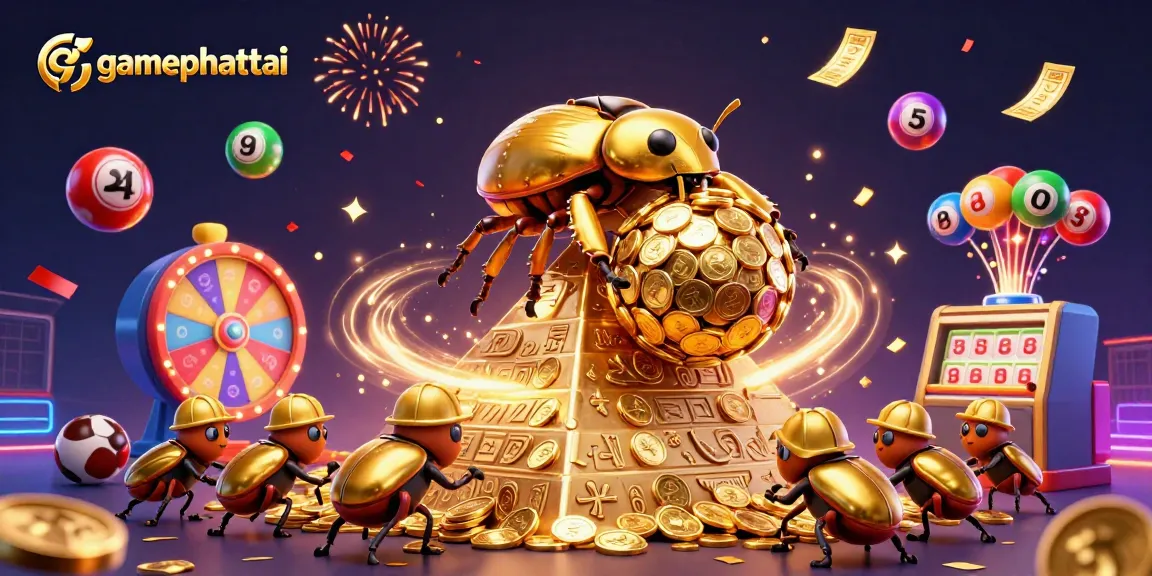 Experience gamephattai with a dynamic illustration of a golden beetle rolling coins, vibrant casino symbols, and festive elements.