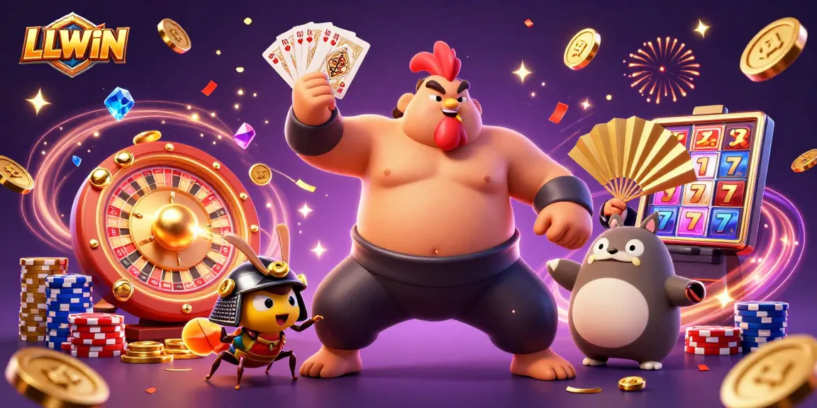 Experience the excitement of LLWIN with dynamic casino scene full of games and vibrant characters.