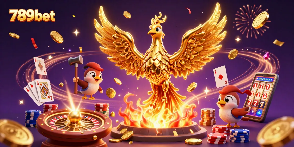 Experience 789bet with this vivid, dynamic casino scene showcasing golden coins, roulette, and celebrating characters.