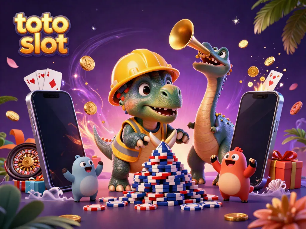 Permainan toto slot dengan triceratops dan parasaurolophus merayakan kemenangan dalam ilustrasi 3D.