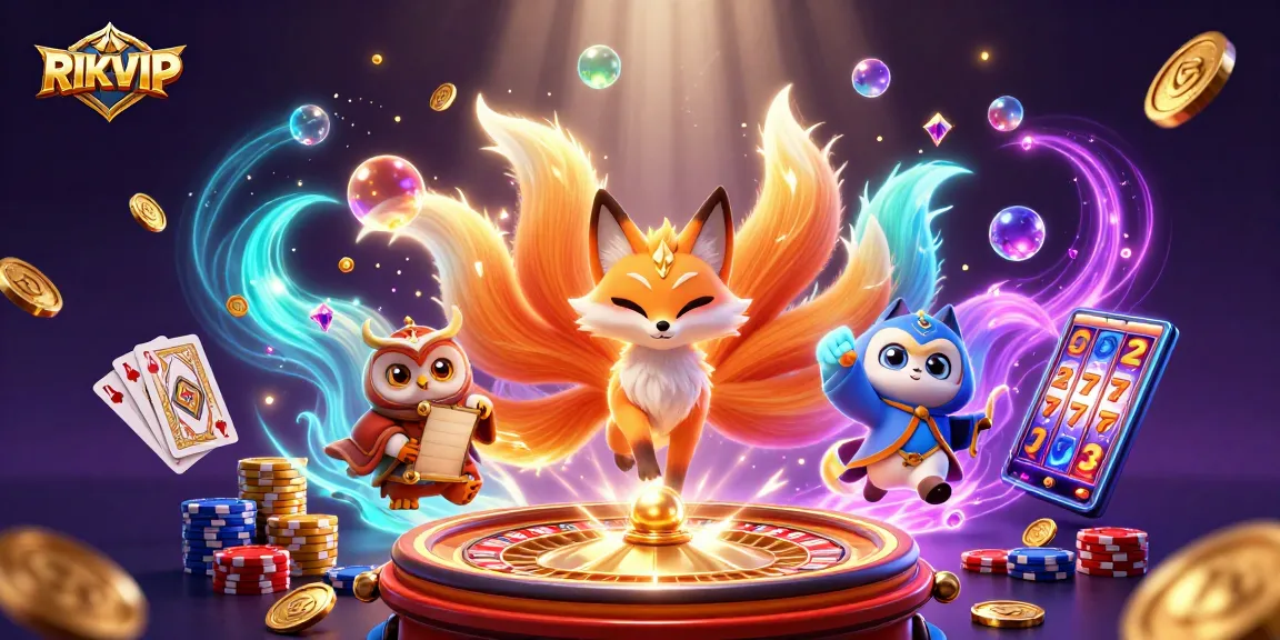 Experience the excitement of RIKVIP with dynamic casino elements and magical characters in this vibrant illustration.
