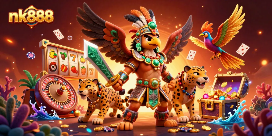 Experience the thrilling nk888 casino adventure with Aztec warriors and colorful game elements.