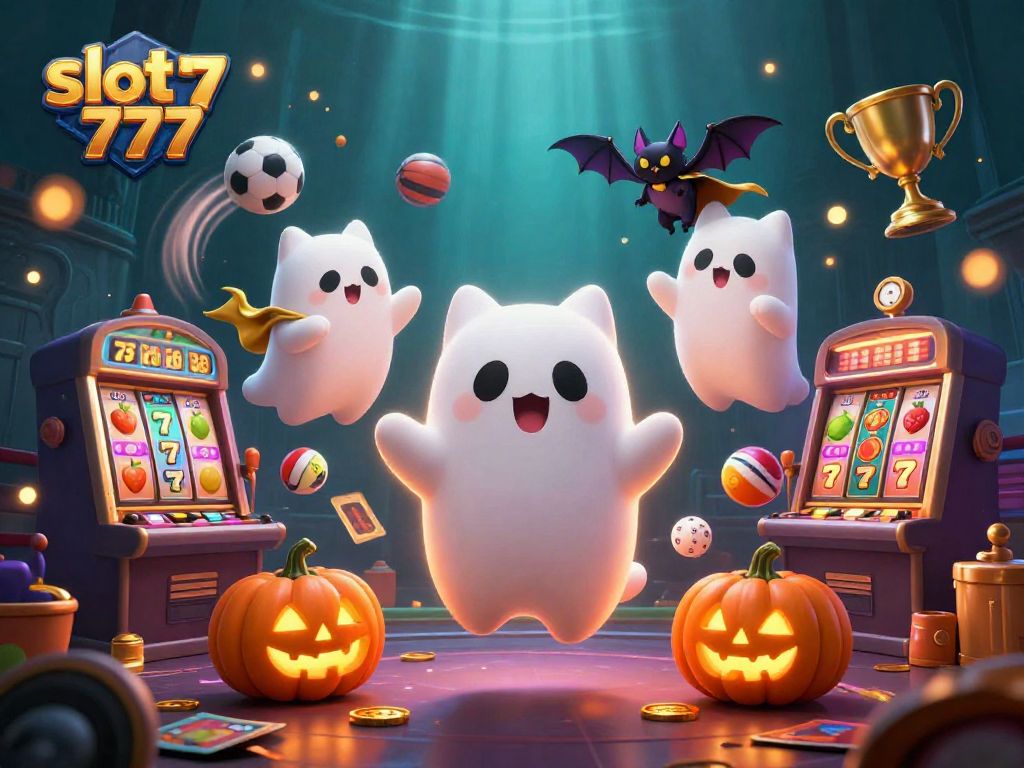 Win big with slot 777 as you spin through a haunted casino with ghostly characters.