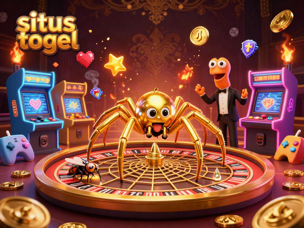 Menghadirkan situs togel dalam suasana kasino, diilustrasikan dengan laba-laba emas dan centipede croupier, dikelilingi mesin permainan 3D yang berwarna-warni dan banyak elemen kasino lainnya.