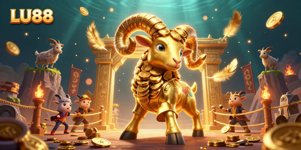 LU88's golden ram charges towards a festive casino scene, sparkling with vibrant casino elements and excitement.