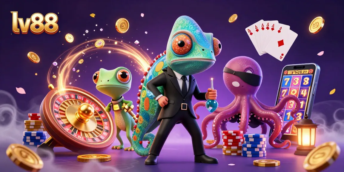 The chameleon secret agent and companions celebrate winning moments at lv88, surrounded by casino elements.