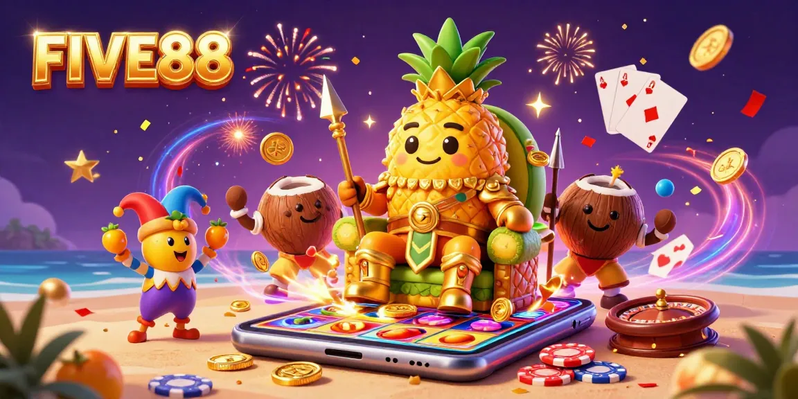 Experience the excitement at FIVE88 with vibrant characters and dynamic slot games in a celebratory casino scene.