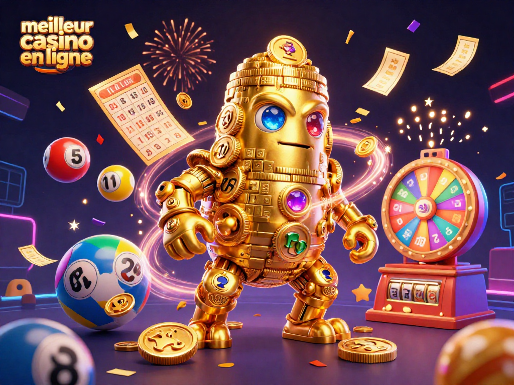Découvrez le meilleur casino en ligne avec un golem en or, des billets dorés et des ballons colorés.
