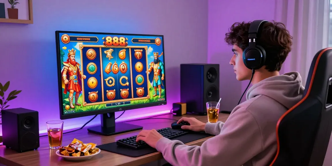 Engaged player enjoying an 888 slot game with vibrant Zeus themes in a modern gaming setup.