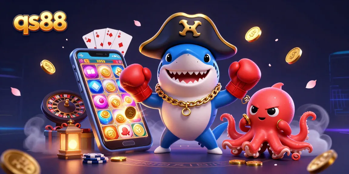 Experience thrilling gameplay at qs88 with a pirate, pufferfish, and octopus surrounded by casino elements.