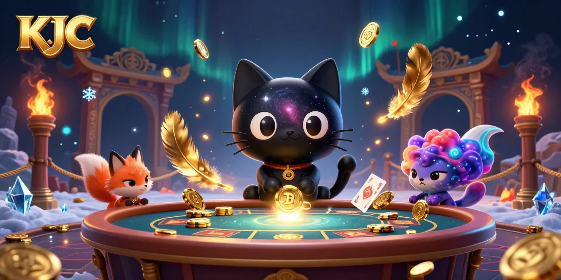 KJC attracts players with a cosmic cat and fox duo at a vibrant casino table.