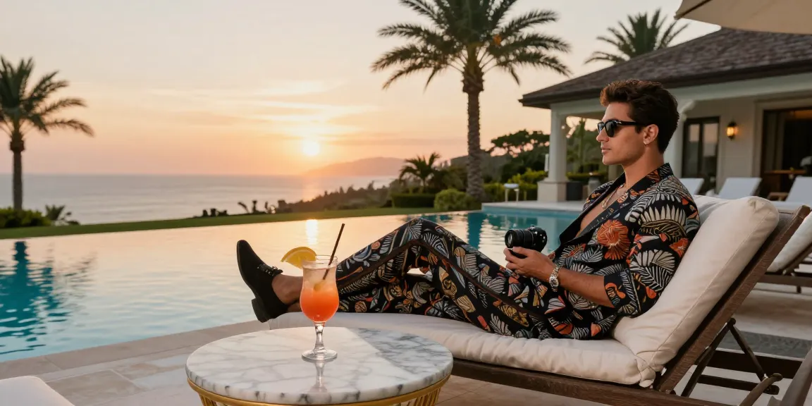 Konsep gaya hidup luxury111 dengan individu santai di tepi kolam renang mewah, menikmati suasana sunset.