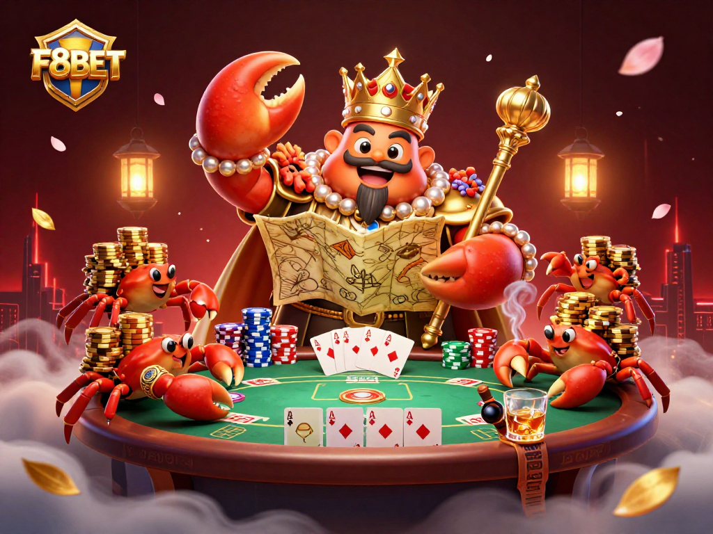 Experience thrilling gaming adventures with F8BET's lively casino scene featuring a golden crab and poker elements.